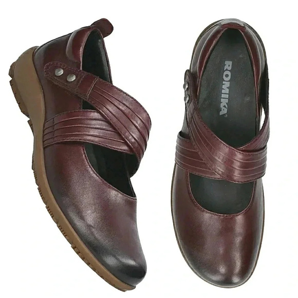 Romika 9 Mary Jane Burgundy Leather Arch Support Yoko Adjustable Strap New - Picture 1 of 8